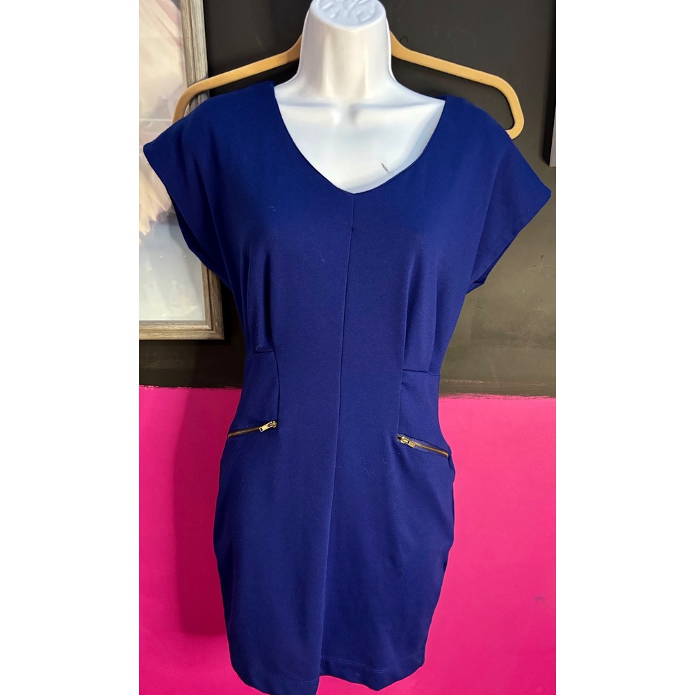 Forever 21 Royal Blue Cap Sleeve Sheath Dress Gold Zip Pockets Size S